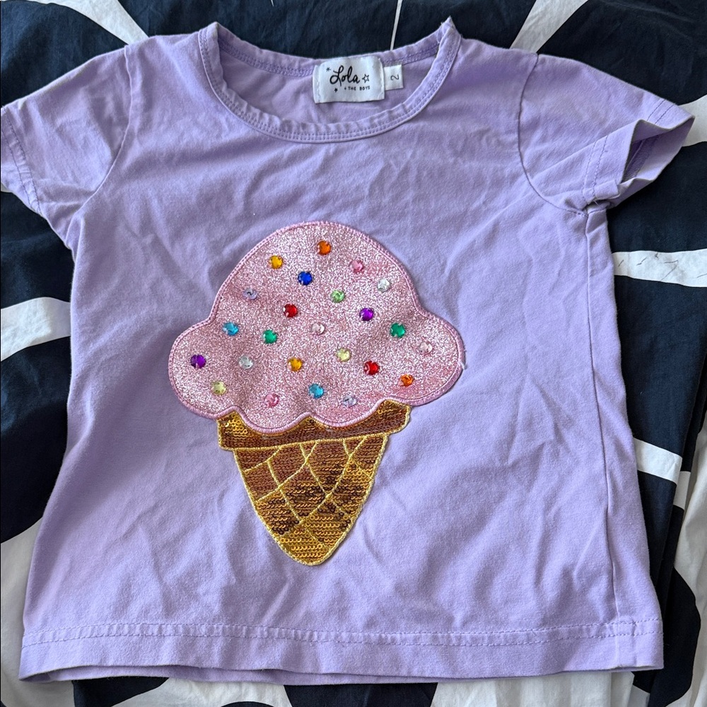 Lola + The Boys Lavender Tee with Pink Sequin Ice Cream and Gold Cone